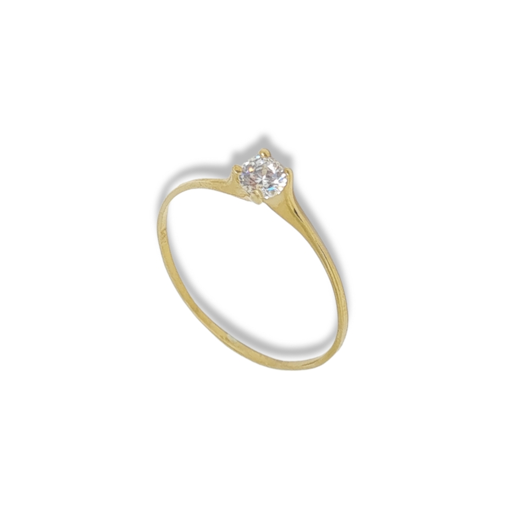 Single stone k14 gold ring with slim module and zirkon on four teeth bezel (S253165)